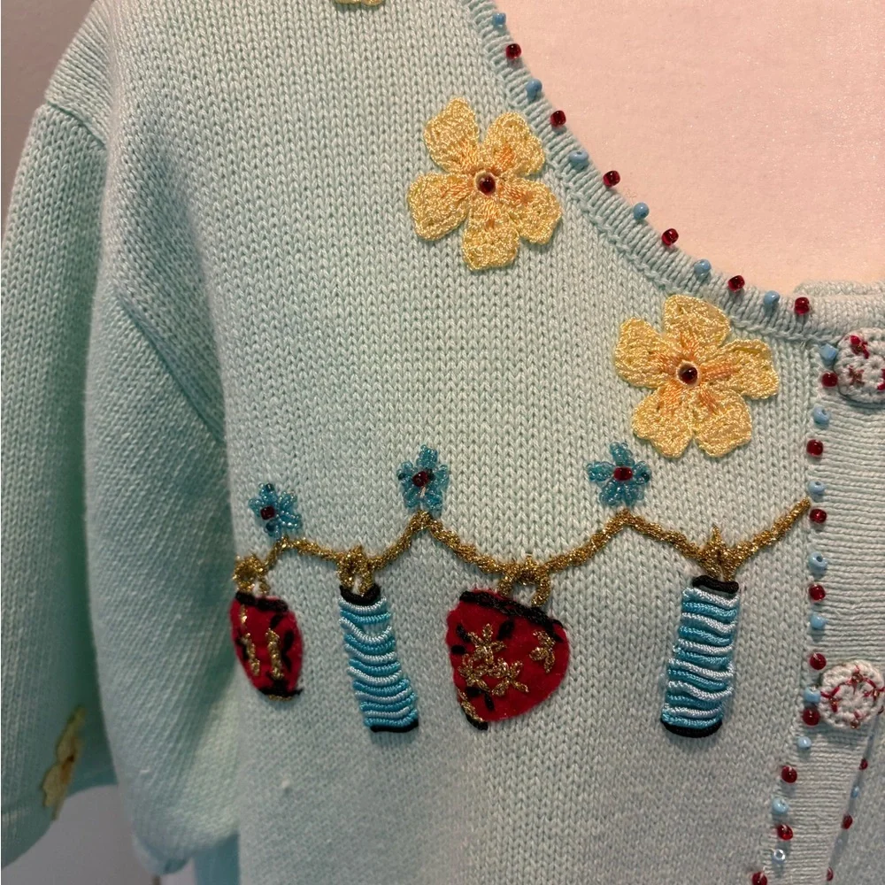 NWT Storybook Knits 2X Lt Blue Luau Hula Girl Embroidered Short Sleeve Cardigan - Picture 2 of 16